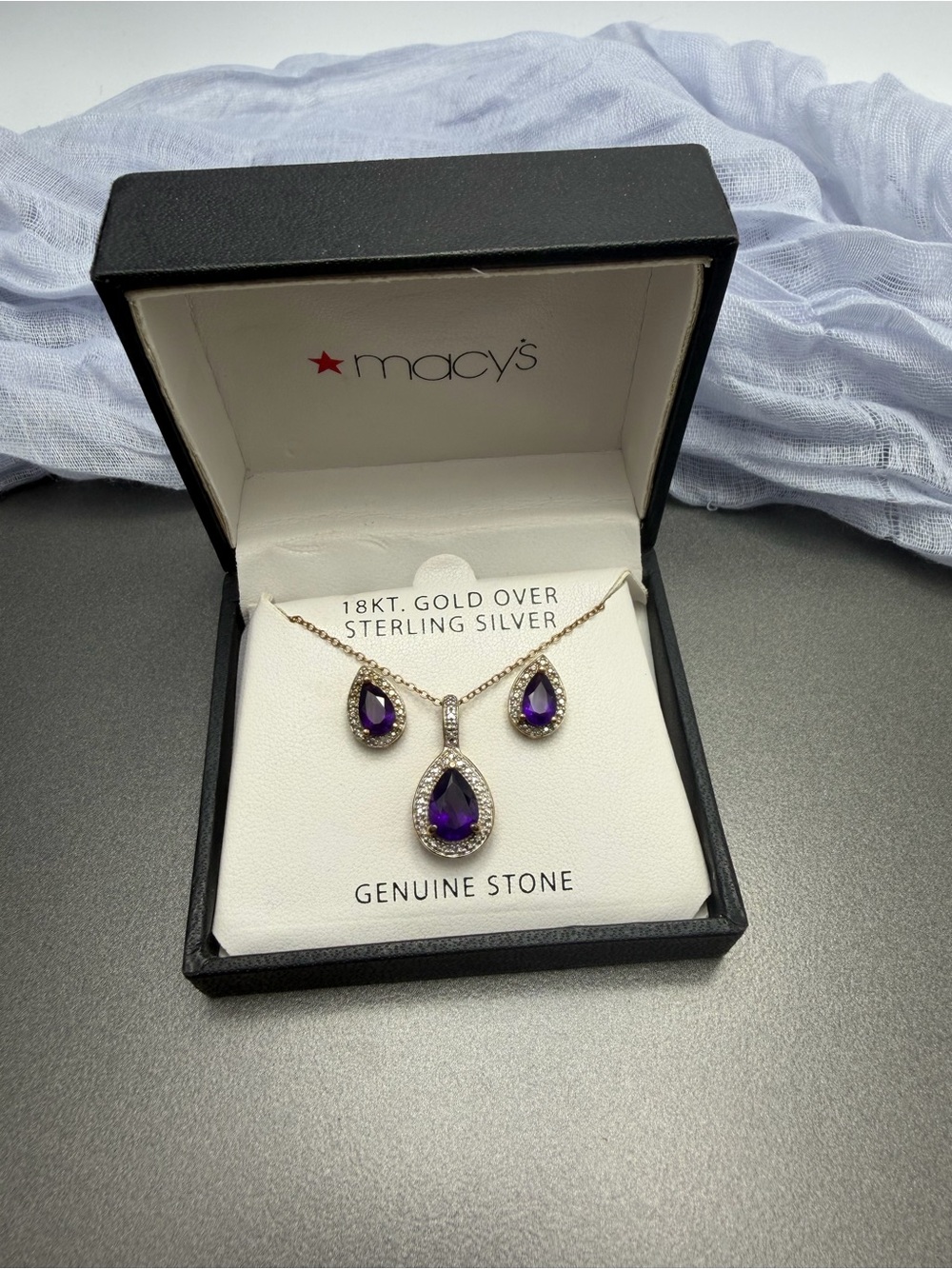 Macy's 18kt Gold Over Sterling Silver Purple Teardrop Necklace & Earrings Set